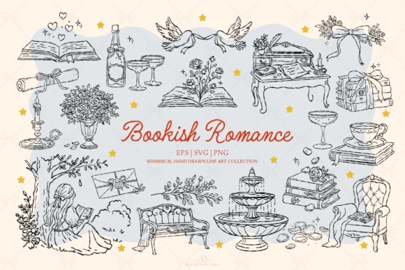 Download Bookish Romance Vintage Line Art - Vintage Collection